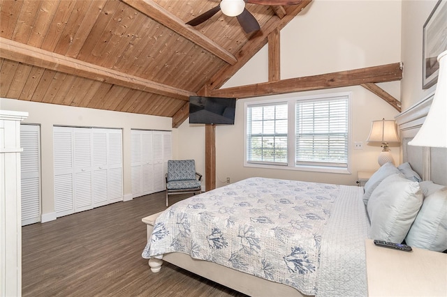 bedroom featuring a ceiling fan, wood finished floors, lofted ceiling with beams, wood ceiling, and two closets