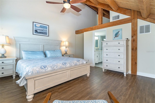 bedroom featuring visible vents, beam ceiling, and dark wood-style floors