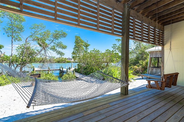 wooden terrace with a water view and a boat dock