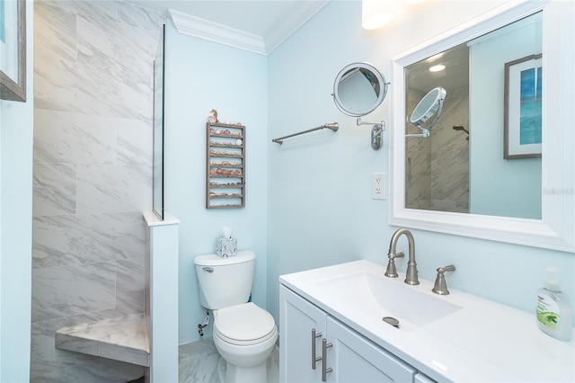 full bathroom with tiled shower, marble finish floor, ornamental molding, and vanity