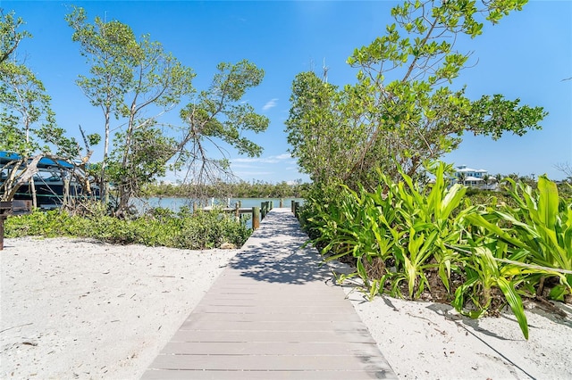 view of community with a dock and a water view