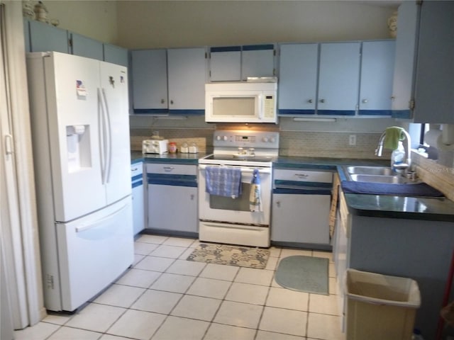 kitchen with blue cabinets, white appliances, and dark countertops