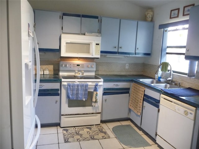 kitchen with blue cabinets, a sink, dark countertops, white appliances, and decorative backsplash