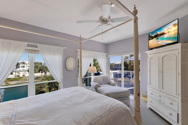 bedroom featuring ceiling fan, carpet floors, and access to exterior