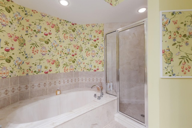 full bath with recessed lighting, a bath, a stall shower, and wallpapered walls