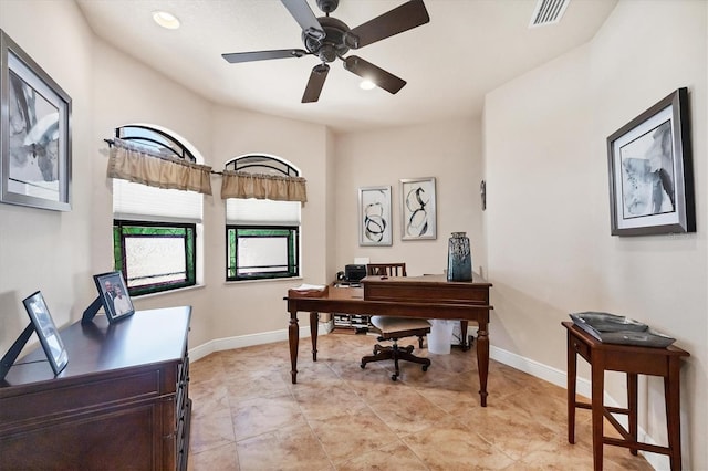 14810 Ingraham Blvd, Port Charlotte, FL 33981 - office area with a ceiling fan, baseboards, and light tile patterned floors