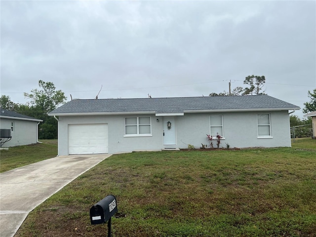 ranch-style house with stucco siding, concrete driveway, and a front lawn