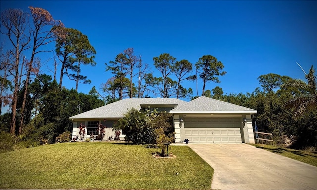 ranch-style house featuring a garage, concrete driveway, a front lawn, roof with shingles, and stucco siding