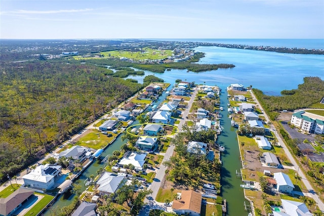 drone / aerial view with a water view and a residential view