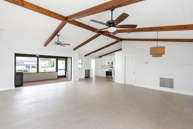 5266 Cooper Ter, Port Charlotte, FL 33981 - unfurnished living room with ceiling fan, beam ceiling, and high vaulted ceiling