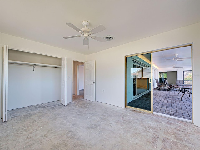 unfurnished bedroom featuring concrete floors, visible vents, and ceiling fan