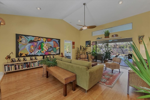 850 Van Gogh Rd, Englewood, FL 34223 - living area featuring high vaulted ceiling, light wood-style flooring, ceiling fan, and recessed lighting