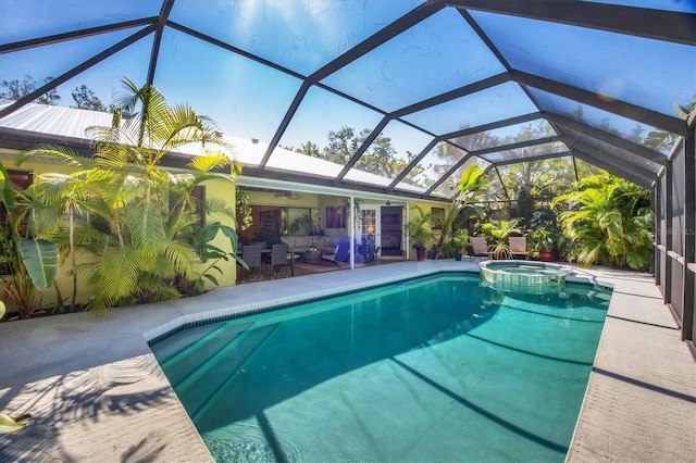 850 Van Gogh Rd, Englewood, FL 34223 - view of swimming pool with a patio area, an outdoor hangout area, a ceiling fan, a pool with connected hot tub, and a lanai