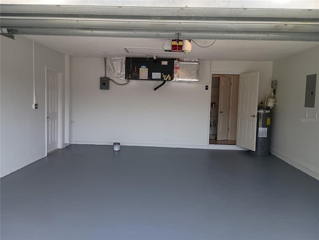garage featuring electric panel, water heater, and a garage door opener