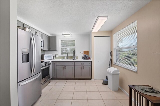 kitchen featuring stainless steel appliances, gray cabinetry, light countertops, and a sink
