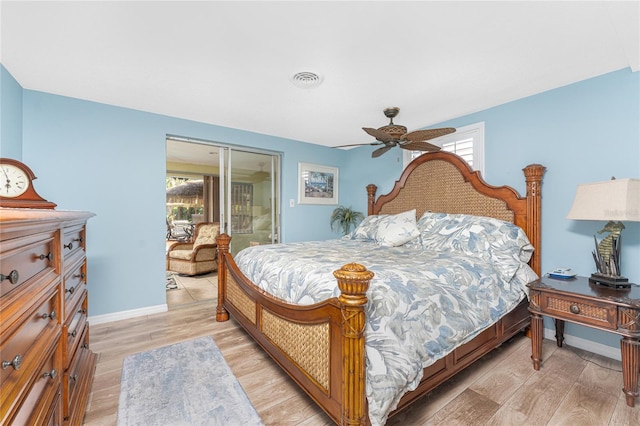 1670 Faust Dr, Englewood, FL 34224 - bedroom with light wood-style flooring, access to exterior, visible vents, and ceiling fan