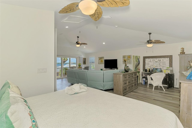 bedroom with wood finished floors, recessed lighting, ceiling fan, and high vaulted ceiling
