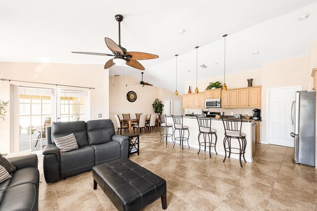 7089 Benson St, Englewood, FL 34224 - living room featuring high vaulted ceiling and ceiling fan