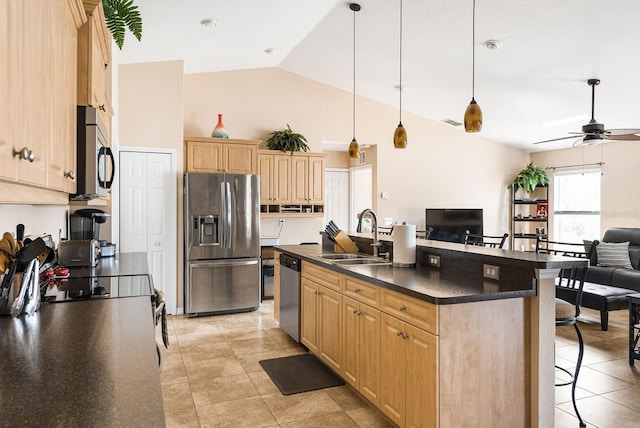 7089 Benson St, Englewood, FL 34224 - kitchen with a sink, dark countertops, open floor plan, appliances with stainless steel finishes, and a breakfast bar area