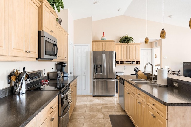7089 Benson St, Englewood, FL 34224 - kitchen featuring dark countertops, light brown cabinets, stainless steel appliances, and a sink