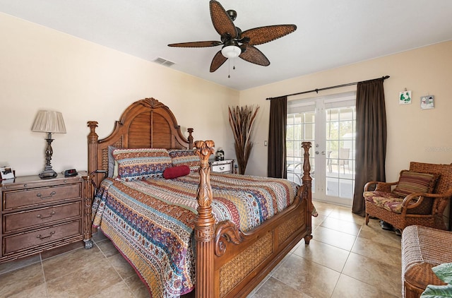 7089 Benson St, Englewood, FL 34224 - tiled bedroom featuring access to exterior, ceiling fan, and visible vents