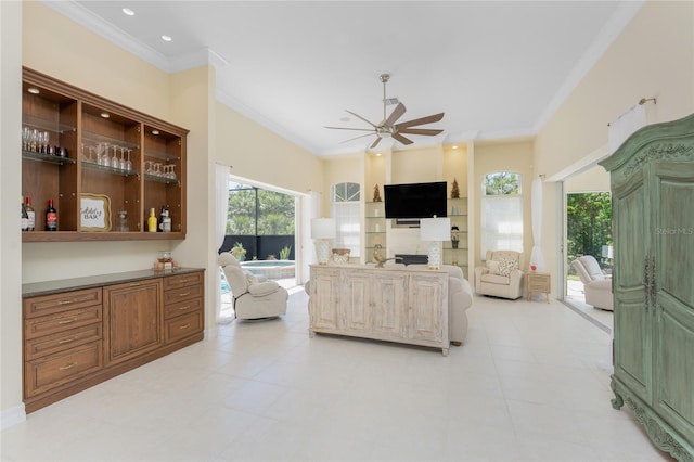 26 Saint Croix Way, Englewood, FL 34223 - living room with ceiling fan, ornamental molding, and recessed lighting
