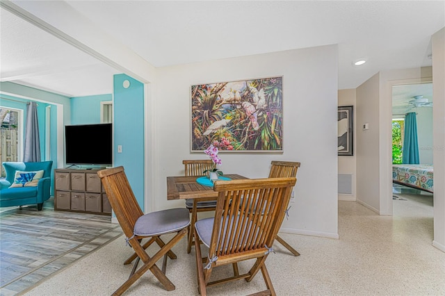 dining room with recessed lighting, visible vents, and baseboards