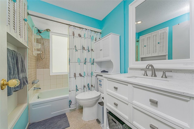 full bathroom with vanity, shower / bath combo, a textured ceiling, toilet, and speckled floor