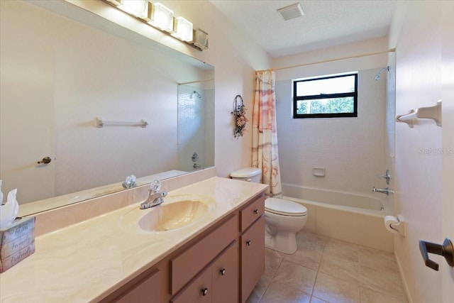 6305 Shalimar St, Port Charlotte, FL 33981 - bathroom featuring vanity, shower / bathtub combination with curtain, tile patterned flooring, and a textured ceiling