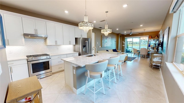 kitchen with tasteful backsplash, recessed lighting, under cabinet range hood, a sink, and stainless steel appliances