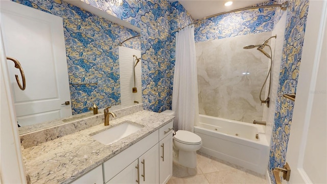 full bath with toilet, shower / tub combo, wallpapered walls, and tile patterned flooring