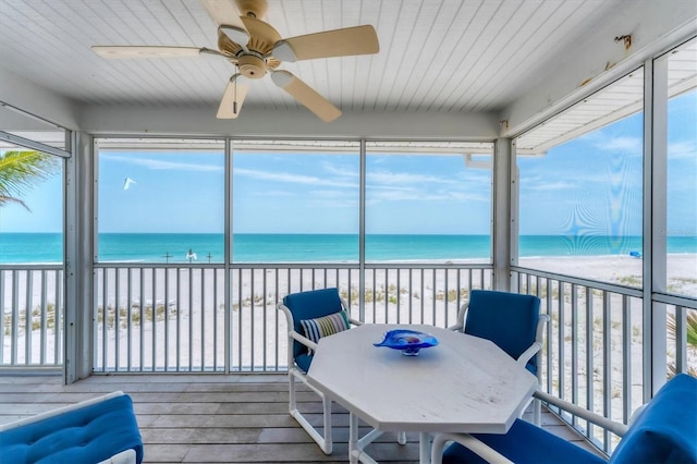 7554 Palm Island Dr S Unit 1822, Placida, FL 33946 - sunroom featuring a view of the beach, a healthy amount of sunlight, a water view, and ceiling fan