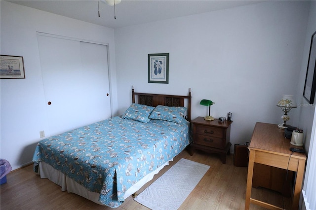 bedroom featuring wood finished floors and a closet