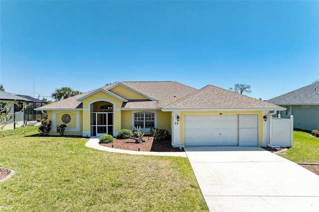 68 Long Meadow Ln, Rotonda West, FL 33947 - ranch-style home featuring concrete driveway, a front lawn, a garage, stucco siding, and roof with shingles