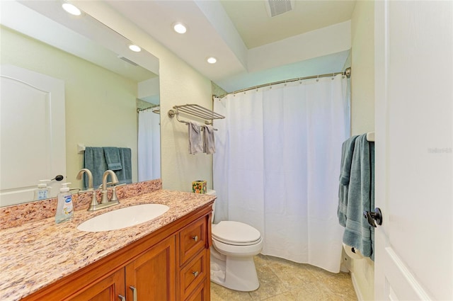 68 Long Meadow Ln, Rotonda West, FL 33947 - bathroom featuring recessed lighting, visible vents, toilet, vanity, and a shower with curtain