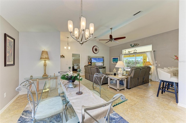 68 Long Meadow Ln, Rotonda West, FL 33947 - dining room with ceiling fan with notable chandelier, baseboards, visible vents, and lofted ceiling