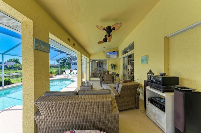 68 Long Meadow Ln, Rotonda West, FL 33947 - view of patio / terrace featuring an outdoor pool, a ceiling fan, and glass enclosure