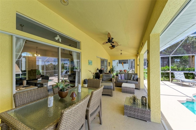 68 Long Meadow Ln, Rotonda West, FL 33947 - view of patio / terrace featuring glass enclosure, outdoor lounge area, an outdoor pool, and ceiling fan