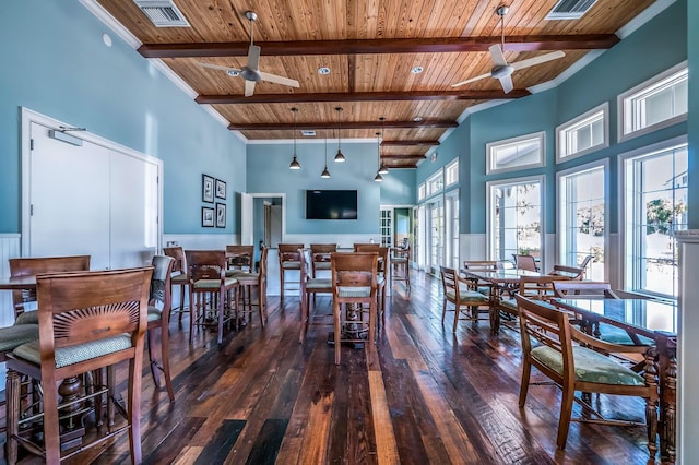 8500 Amberjack Cir Unit 102, Englewood, FL 34224 - dining space featuring hardwood / wood-style flooring, ceiling fan, wooden ceiling, and visible vents