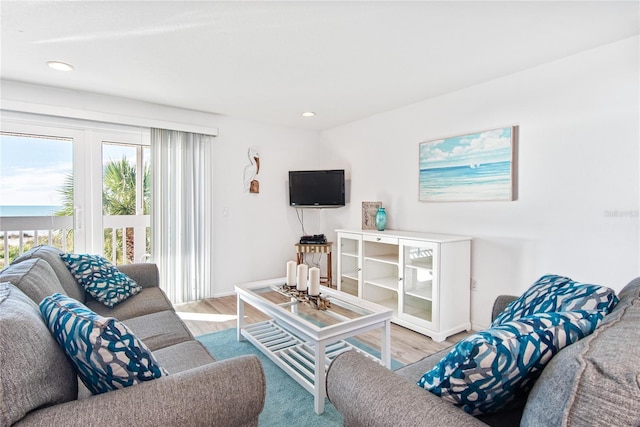 living area featuring recessed lighting, baseboards, and wood finished floors