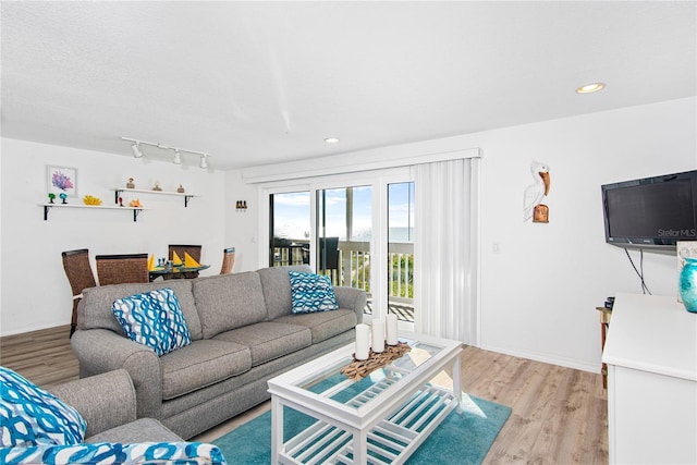 living area featuring baseboards, recessed lighting, rail lighting, and light wood-style flooring