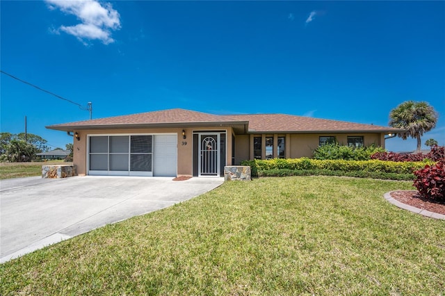 39 Bunker Pl, Rotonda West, FL 33947 - single story home featuring an attached garage, driveway, a front yard, and stucco siding