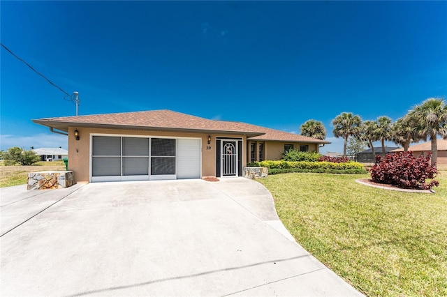 39 Bunker Pl, Rotonda West, FL 33947 - ranch-style home featuring an attached garage, concrete driveway, a front lawn, and stucco siding