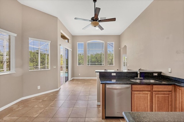 kitchen with dark stone countertops, a wealth of natural light, dishwasher, and a sink