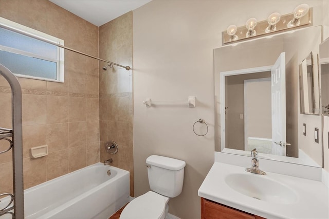 full bath with toilet, shower / washtub combination, and vanity