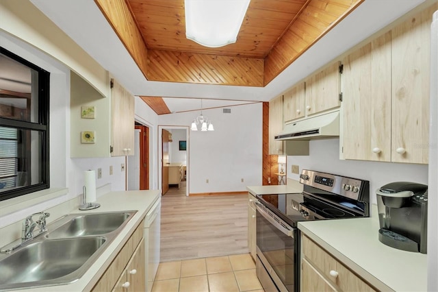 kitchen with wood ceiling, a raised ceiling, white dishwasher, under cabinet range hood, and electric stove