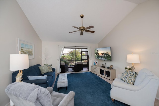 carpeted living room with high vaulted ceiling and ceiling fan