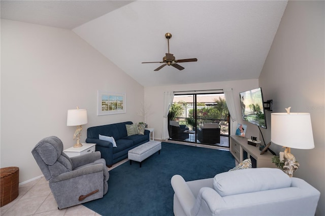 living room with lofted ceiling and a ceiling fan