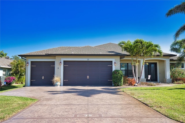 35 Medalist Rd, Rotonda West, FL 33947 - view of front of house featuring an attached garage, driveway, a front lawn, and stucco siding