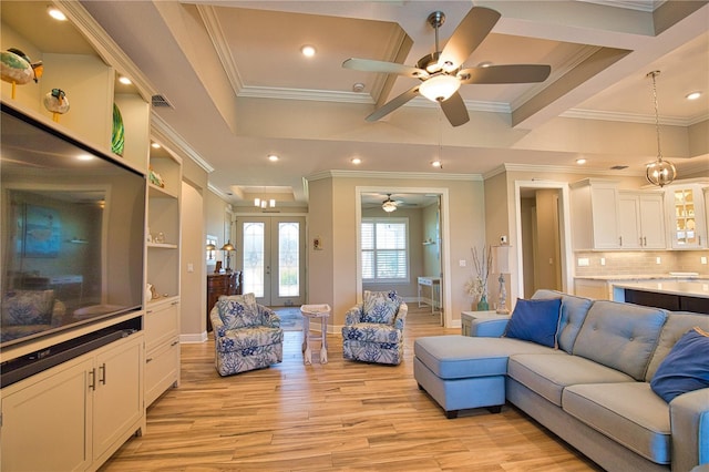 35 Medalist Rd, Rotonda West, FL 33947 - living room with ceiling fan, light wood-style flooring, crown molding, french doors, and recessed lighting